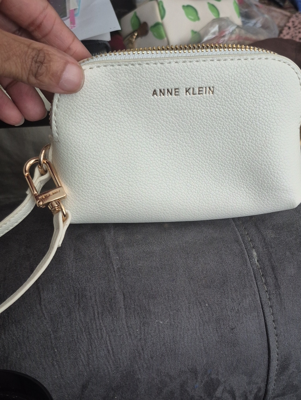 Anne Klein Cream Vegan Leather Wristlet with Gold Hardware